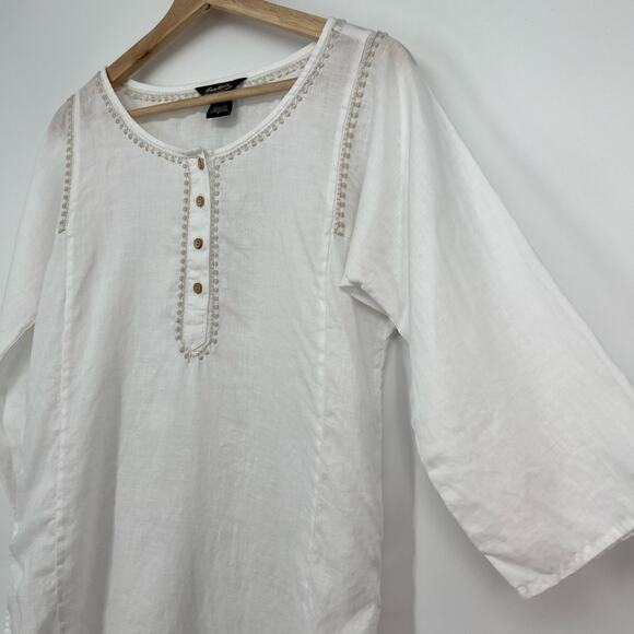 Eddie Bauer 100% Linen Tunic Top Womens Small White Tan Embroidered 3/4 Sleeve - Picture 3 of 11